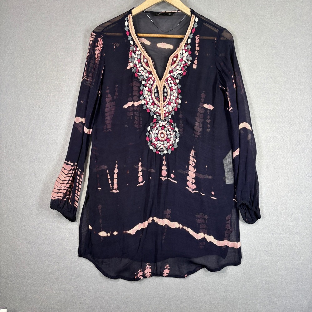 Zara Tunic Top Womens Small‎ Sheer Beaded Embroidered Boho